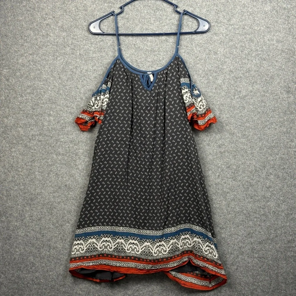 Free‎ People Black White Red Boho Cold Shoulder Mini Dress Size S